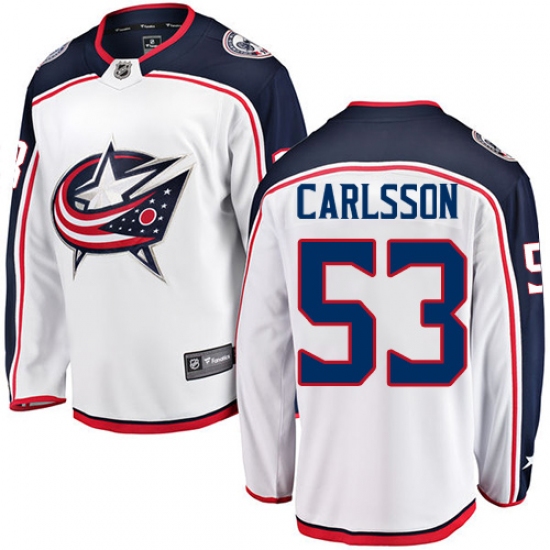 Youth Columbus Blue Jackets 53 Gabriel Carlsson Fanatics Branded White Away Breakaway NHL Jersey