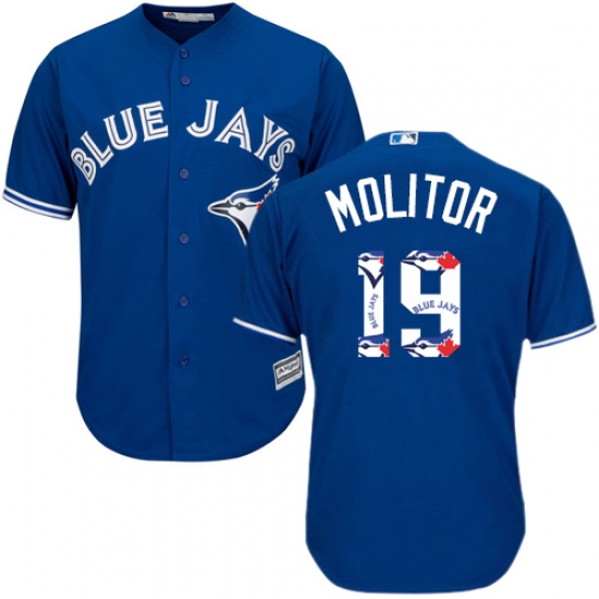 Men's Majestic Toronto Blue Jays 19 Paul Molitor Authentic Blue Team Logo Fashion MLB Jersey