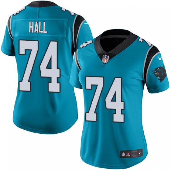 Women's Nike Carolina Panthers 74 Daeshon Hall Blue Alternate Vapor Untouchable Limited Player NFL Jersey