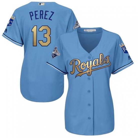 Women's Majestic Kansas City Royals 13 Salvador Perez Authentic Light Blue 2015 World Series Champions Gold Program Cool Base MLB Jersey