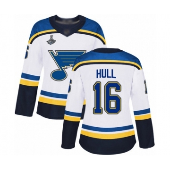 Women's St. Louis Blues 16 Brett Hull Authentic White Away 2019 Stanley Cup Champions Hockey Jersey