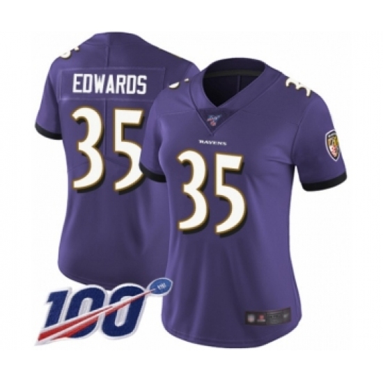 Women's Baltimore Ravens 35 Gus Edwards Purple Team Color Vapor Untouchable Limited Player 100th Season Football Jersey