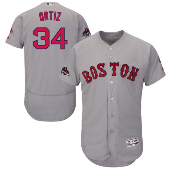 Men's Majestic Boston Red Sox 34 David Ortiz Grey Road Flex Base Authentic Collection 2018 World Series Champions MLB Jersey