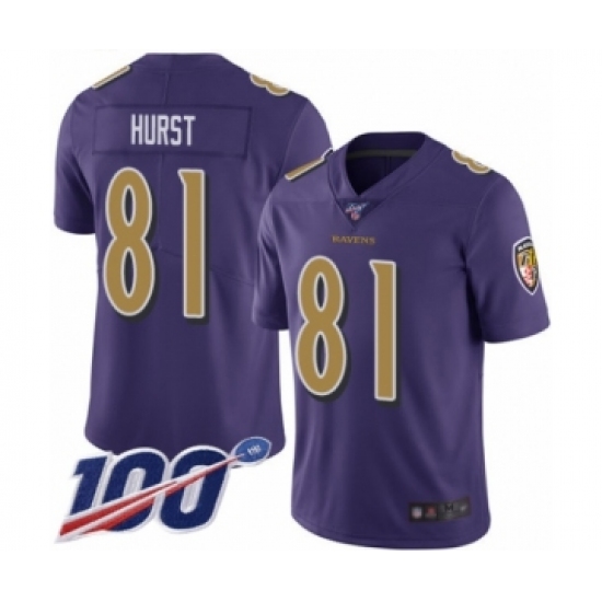 Men's Baltimore Ravens 81 Hayden Hurst Limited Purple Rush Vapor Untouchable 100th Season Football Jersey