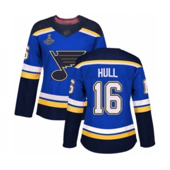 Women's St. Louis Blues 16 Brett Hull Authentic Royal Blue Home 2019 Stanley Cup Champions Hockey Jersey
