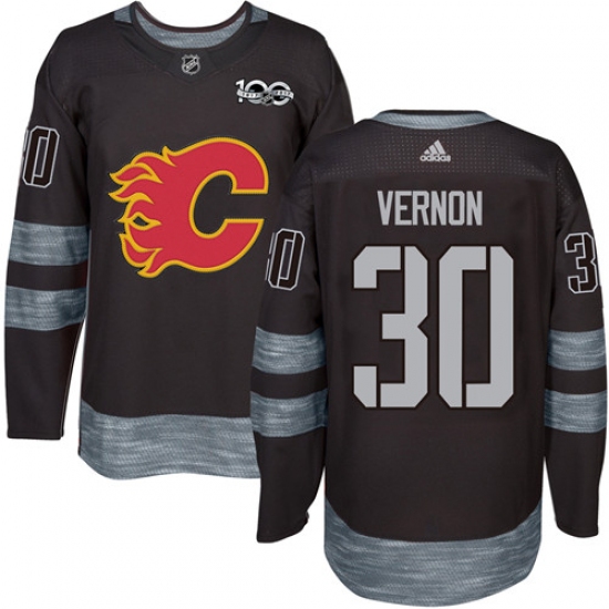 Men's Adidas Calgary Flames 30 Mike Vernon Authentic Black 1917-2017 100th Anniversary NHL Jersey