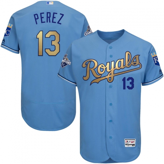 Men's Majestic Kansas City Royals 13 Salvador Perez Authentic Light Blue 2015 World Series Champions Gold Program FlexBase MLB Jersey