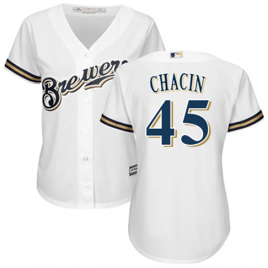 Women's Majestic Milwaukee Brewers 45 Jhoulys Chacin Authentic White Home Cool Base MLB Jersey