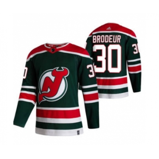 Men's New Jersey Devils 30 Martin Brodeur Green 2020-21 Reverse Retro Alternate Hockey Jersey