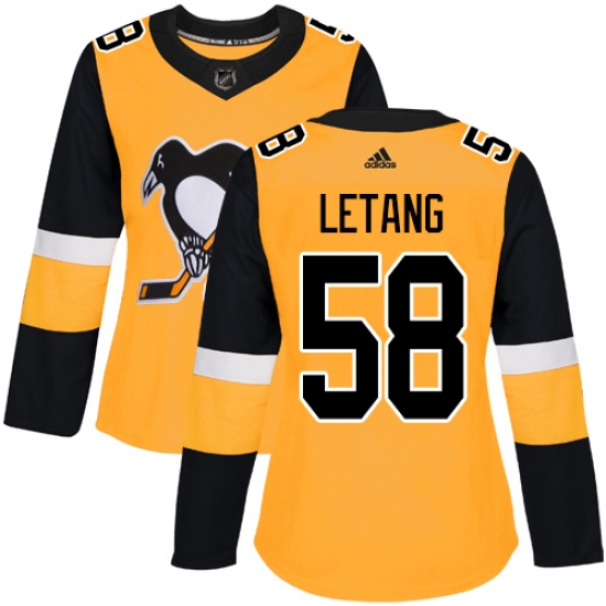 Women's Adidas Pittsburgh Penguins 58 Kris Letang Authentic Gold Alternate NHL Jersey