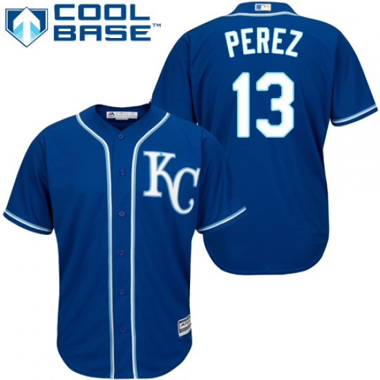 Women's Majestic Kansas City Royals 13 Salvador Perez Replica Blue Alternate 2 Cool Base MLB Jersey