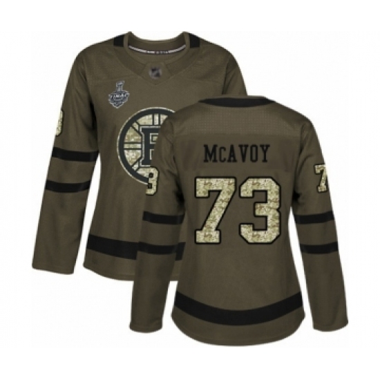 Women's Boston Bruins 73 Charlie McAvoy Authentic Green Salute to Service 2019 Stanley Cup Final Bound Hockey Jersey