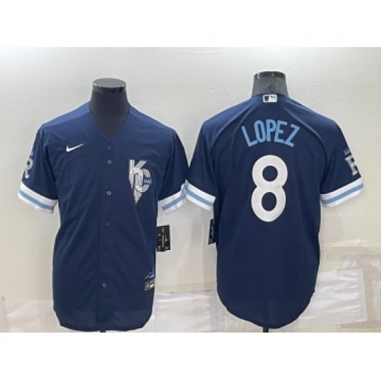 Men's Kansas City Royals 8 Nicky Lopez 2022 Navy Blue City Connect Cool Base Stitched Jersey