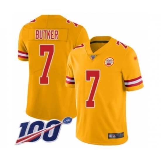 Men's Kansas City Chiefs 7 Harrison Butker Limited Gold Inverted Legend 100th Season Football Jersey