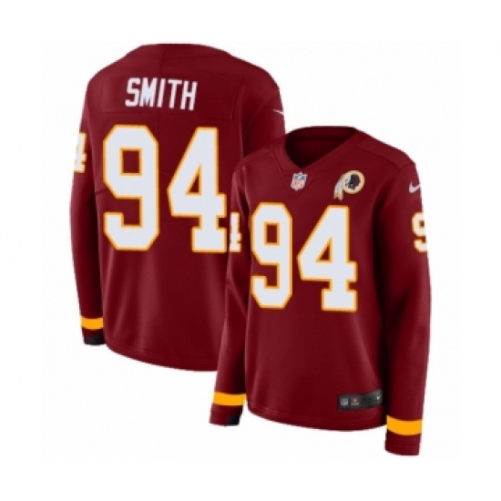 Women's Nike Washington Redskins 94 Preston Smith Limited Burgundy Therma Long Sleeve NFL Jersey