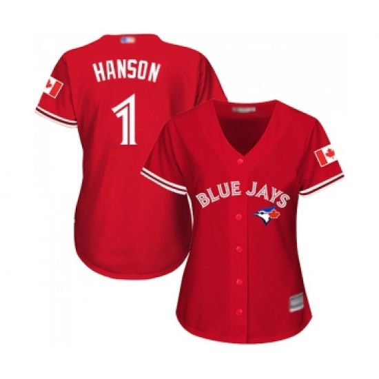 Women's Toronto Blue Jays 1 Alen Hanson Replica Scarlet Alternate Baseball Jersey