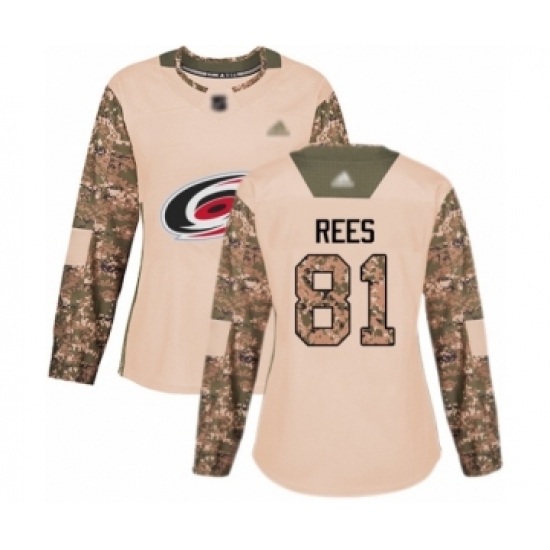 Women's Carolina Hurricanes 81 Jamieson Rees Authentic Camo Veterans Day Practice Hockey Jersey