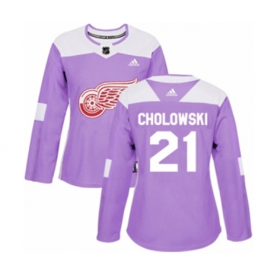 Women's Adidas Detroit Red Wings 21 Dennis Cholowski Authentic Purple Fights Cancer Practice NHL Jersey