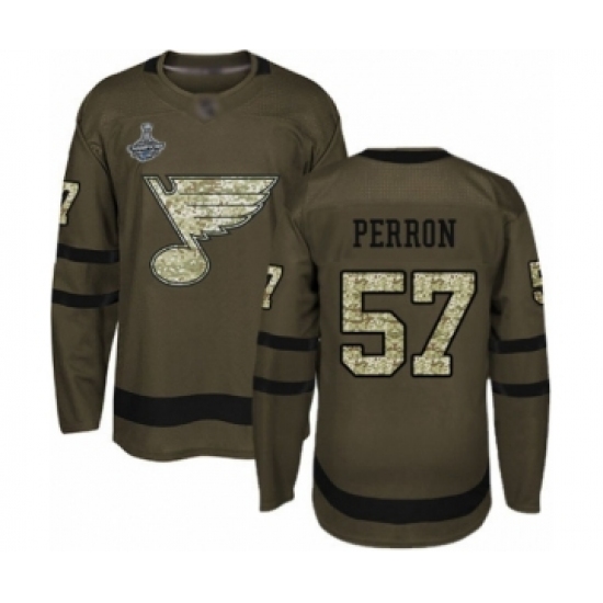 Youth St. Louis Blues 57 David Perron Premier Green Salute to Service 2019 Stanley Cup Champions Hockey Jersey