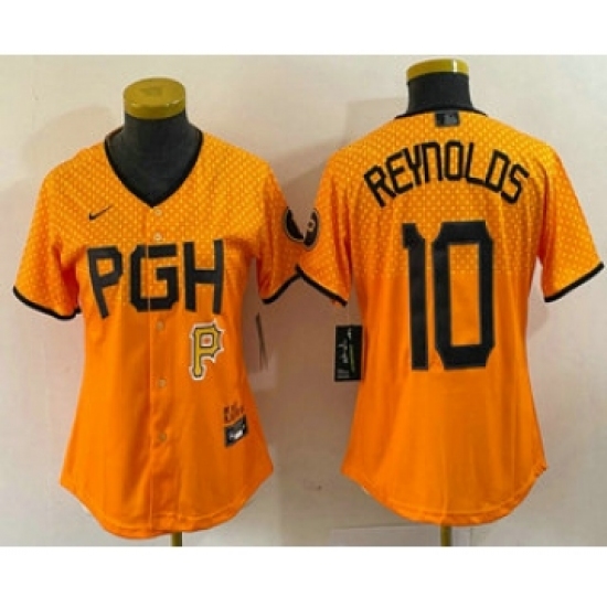 Women's Pittsburgh Pirates 10 Bryan Reynolds Yellowd 2023 City Connect Stitched Jersey 1