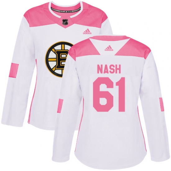 Women's Adidas Boston Bruins 61 Rick Nash Authentic White Pink Fashion NHL Jersey