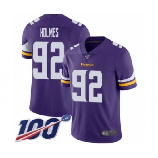 Men's Minnesota Vikings 92 Jalyn Holmes Purple Team Color Vapor Untouchable Limited Player 100th Season Football Jersey