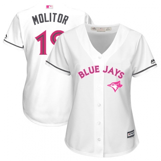 Women's Majestic Toronto Blue Jays 19 Paul Molitor Replica White Mother's Day Cool Base MLB Jersey