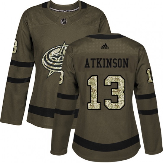 Women's Adidas Columbus Blue Jackets 13 Cam Atkinson Authentic Green Salute to Service NHL Jersey