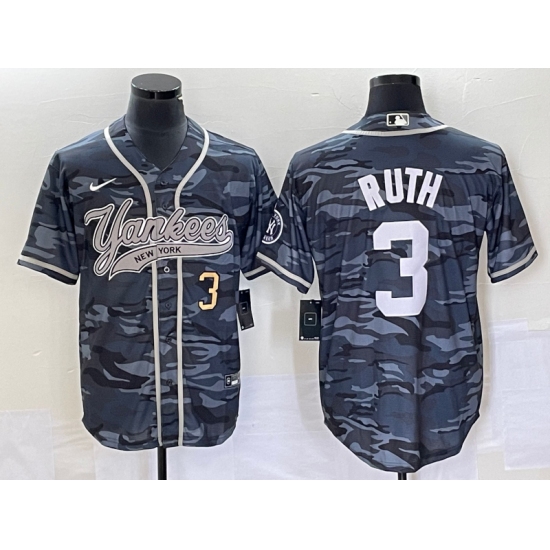 Men's New York Yankees 3 Babe Ruth Numbre Grey Camo Cool Base Stitched Baseball Jersey