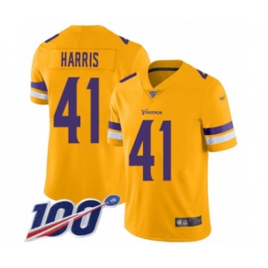 Men's Minnesota Vikings 41 Anthony Harris Limited Gold Inverted Legend 100th Season Football Jersey