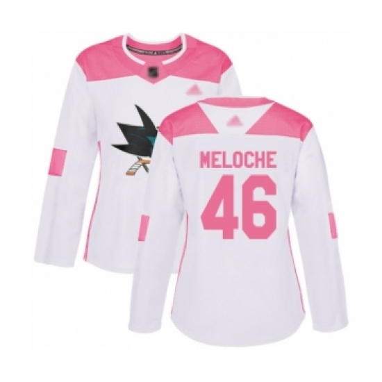 Women's San Jose Sharks 46 Nicolas Meloche Authentic White Pink Fashion Hockey Jersey