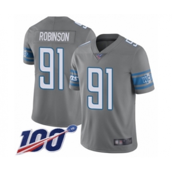 Men's Detroit Lions 91 A'Shawn Robinson Limited Steel Rush Vapor Untouchable 100th Season Football Jersey