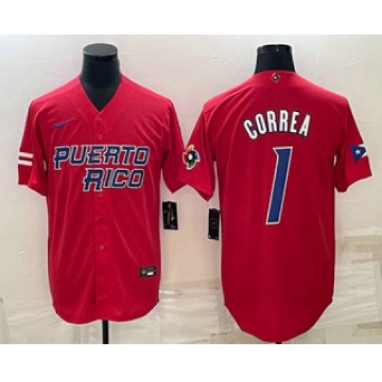 Men's Puerto Rico Baseball 1 Carlos Correa 2023 Red World Baseball Classic Stitched Jerseys