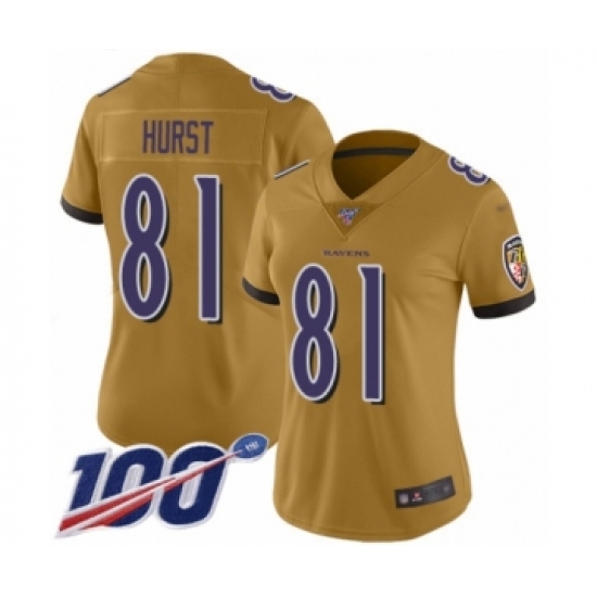 Women's Baltimore Ravens 81 Hayden Hurst Limited Gold Inverted Legend 100th Season Football Jersey