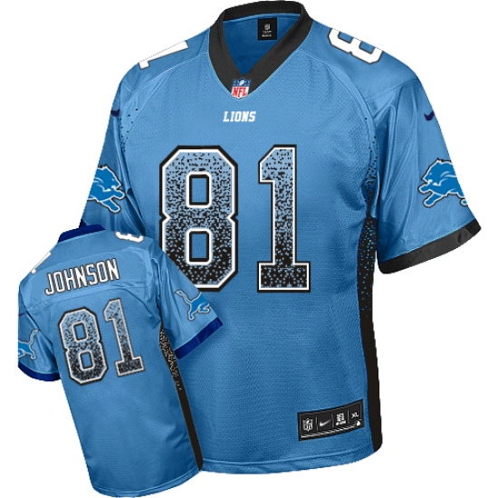 Men's Nike Detroit Lions 81 Calvin Johnson Elite Light Blue Drift Fashion NFL Jersey