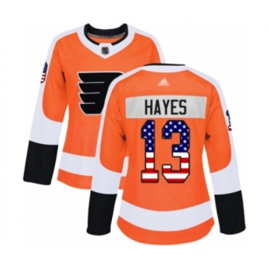 Women's Philadelphia Flyers 13 Kevin Hayes Authentic Orange USA Flag Fashion Hockey Jersey