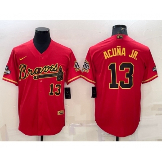 Men's Atlanta Braves 13 Ronald Acuna Jr Red Gold World Series Champions Program Cool Base Stitched Baseball Jersey