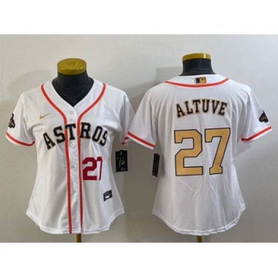Women's Houston Astros 27 Jose Altuve Number 2023 White Gold World Serise Champions Cool Base Stitched Jersey