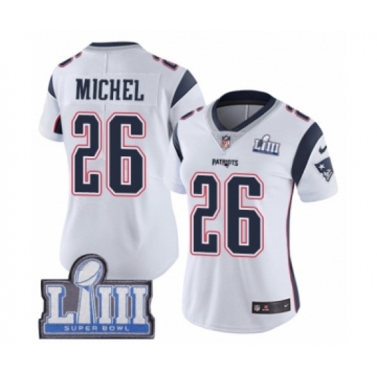 Women's Nike New England Patriots 26 Sony Michel White Vapor Untouchable Limited Player Super Bowl LIII Bound NFL Jersey