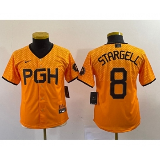 Youth Nike Pittsburgh Pirates 8 Willie Stargell Number Yellow 2023 City Connect Stitched Jersey4