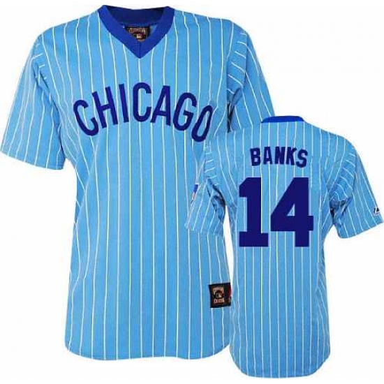 Men's Majestic Chicago Cubs 14 Ernie Banks Authentic Blue/White Strip Cooperstown Throwback MLB Jersey