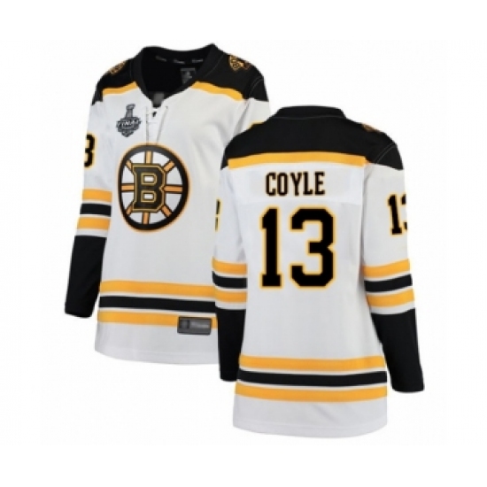 Women's Boston Bruins 13 Charlie Coyle Authentic White Away Fanatics Branded Breakaway 2019 Stanley Cup Final Bound Hockey Jersey