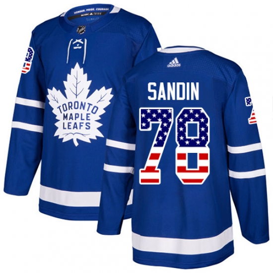 Men's Adidas Toronto Maple Leafs 78 Rasmus Sandin Authentic Royal Blue USA Flag Fashion NHL Jersey