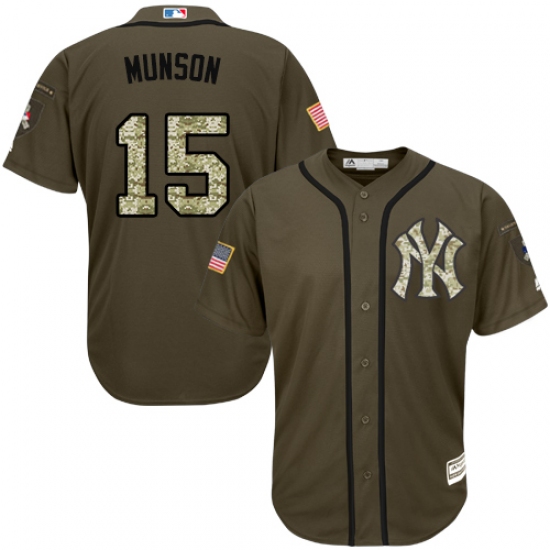 Men's Majestic New York Yankees 15 Thurman Munson Replica Green Salute to Service MLB Jersey