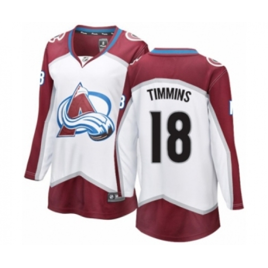 Women's Colorado Avalanche 18 Conor Timmins Authentic White Away Fanatics Branded Breakaway NHL Jersey