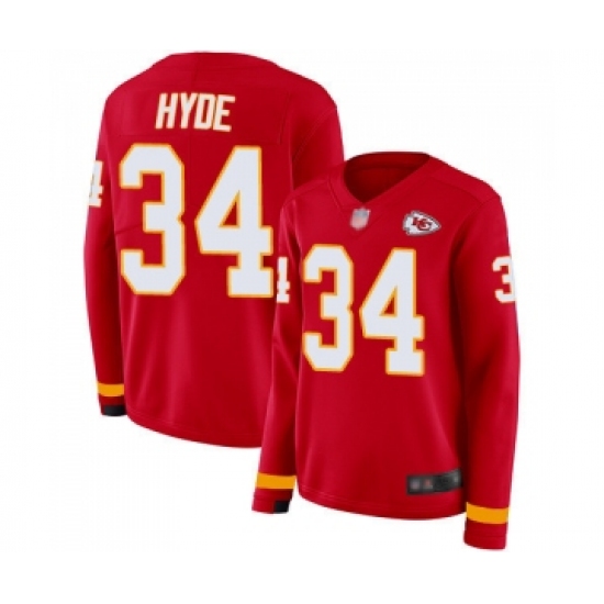 Women's Kansas City Chiefs 34 Carlos Hyde Limited Red Therma Long Sleeve Football Jersey
