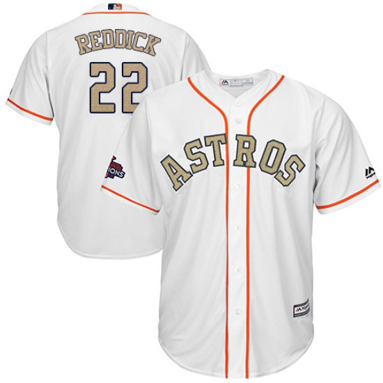 Men's Majestic Houston Astros 22 Josh Reddick Replica White 2018 Gold Program Cool Base MLB Jersey