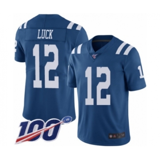 Men's Indianapolis Colts 12 Andrew Luck Limited Royal Blue Rush Vapor Untouchable 100th Season Football Jersey