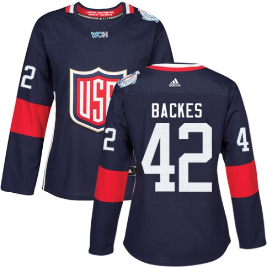 Women's Adidas Team USA 42 David Backes Authentic Navy Blue Away 2016 World Cup Hockey Jersey