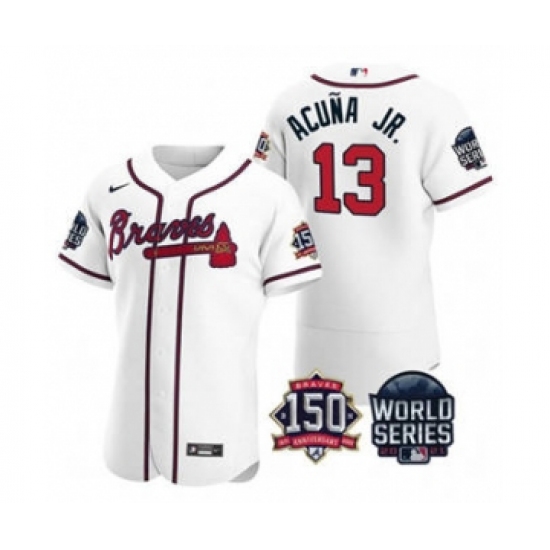 Men's Atlanta Braves 13 Ronald Acuna Jr. 2021 White World Series Flex Base With 150th Anniversary Patch Baseball Jersey